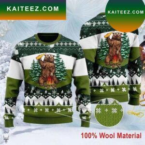 Bear Beer Campfire Green Wool Ugly Sweater
