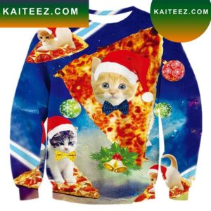 Blue Pizza Cat Ugly Christmas Sweater