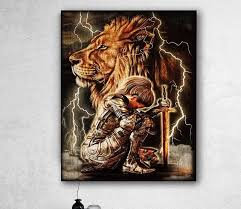 Christian Jesus Lion &amp Female Warrior Wall Art Decor Poster Canvas