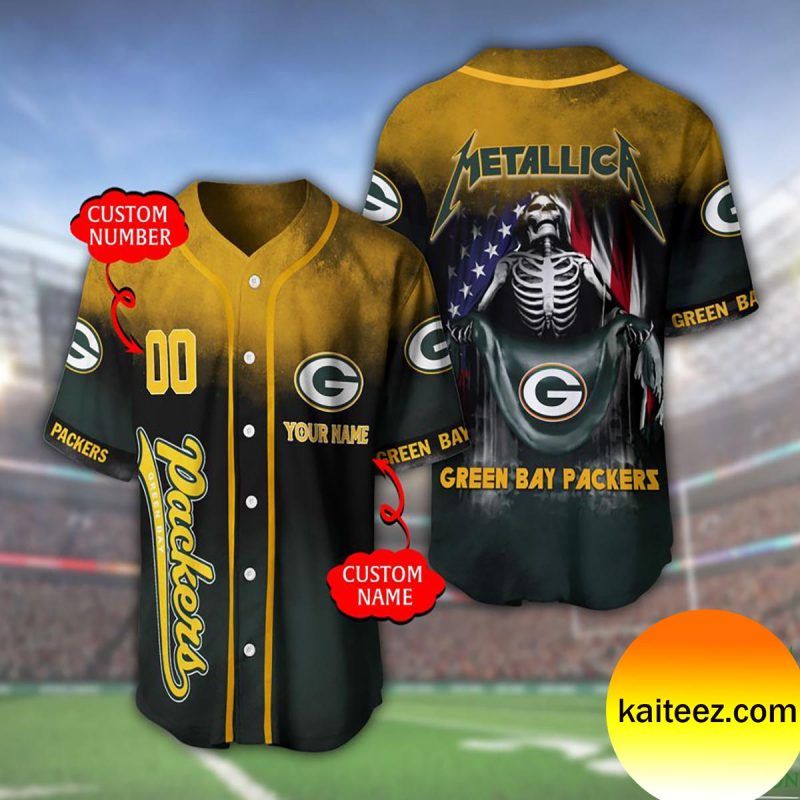 Custom Name And Number Metallica Band Green Bay Packer NFL Flag America Baseball Jersey Custom Name And Number Metallica Band Green Bay Packer NFL Flag America Baseball Jersey