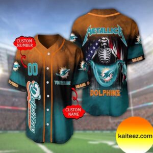 Custom Name And Number Metallica Band Miami Dolphins NFL Flag America Baseball Jersey