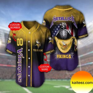 Custom Name And Number Metallica Band Minnesota Vikings NFL Flag America Baseball Jersey