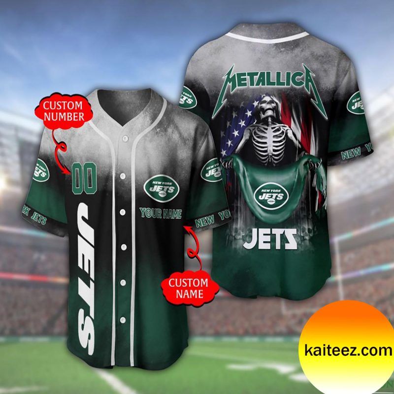 Custom Name And Number Metallica Band New York Jets NFL Flag America Baseball Jersey Custom Name And Number Metallica Band New York Jets NFL Flag America Baseball Jersey