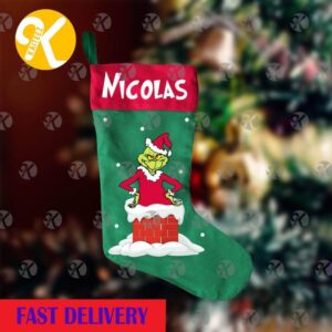 Grinch In The Chimney Stole Christmas In Green And Red Personalized Christmas Stocking