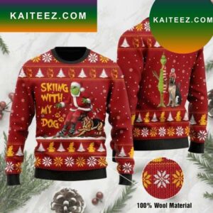 Grinch Skiing With My Dog Ugly Christmas Happy Xmas Wool Knitted Grinch Christmas Ugly Sweater