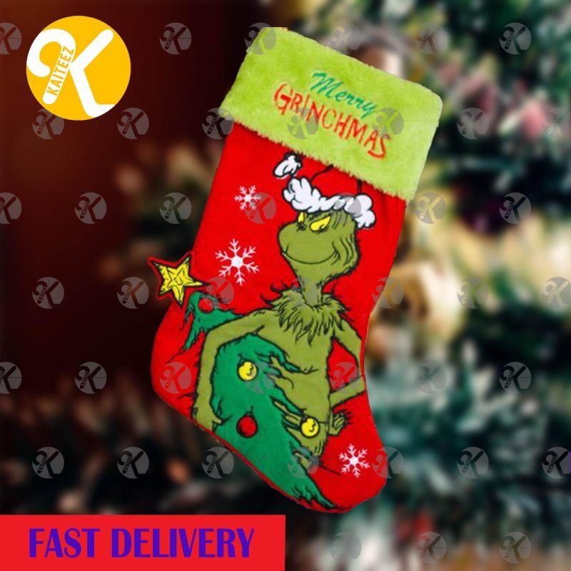 Grinch Stole The Christmas Tree In Red Background Christmas Stocking Grinch Stole The Christmas Tree In Red Background Christmas Stocking