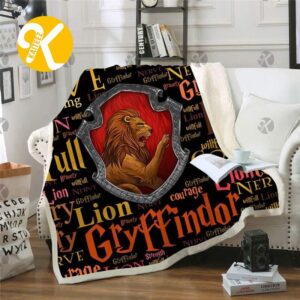 Harry Potter Gryffindor Lion In Black Background With Descriptive Adjectives Pattern Sherpa Throw Blanket