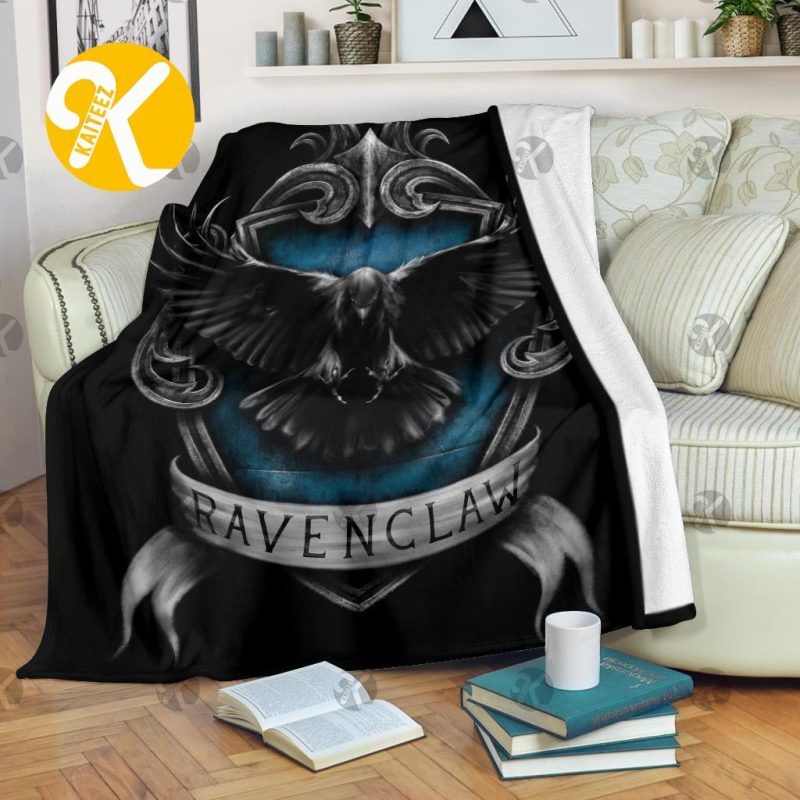 Harry Potter Ravenclaw Raven Badge In Black Background Throw Fleece Blanket Harry Potter Ravenclaw Raven Badge In Black Background Throw Fleece Blanket