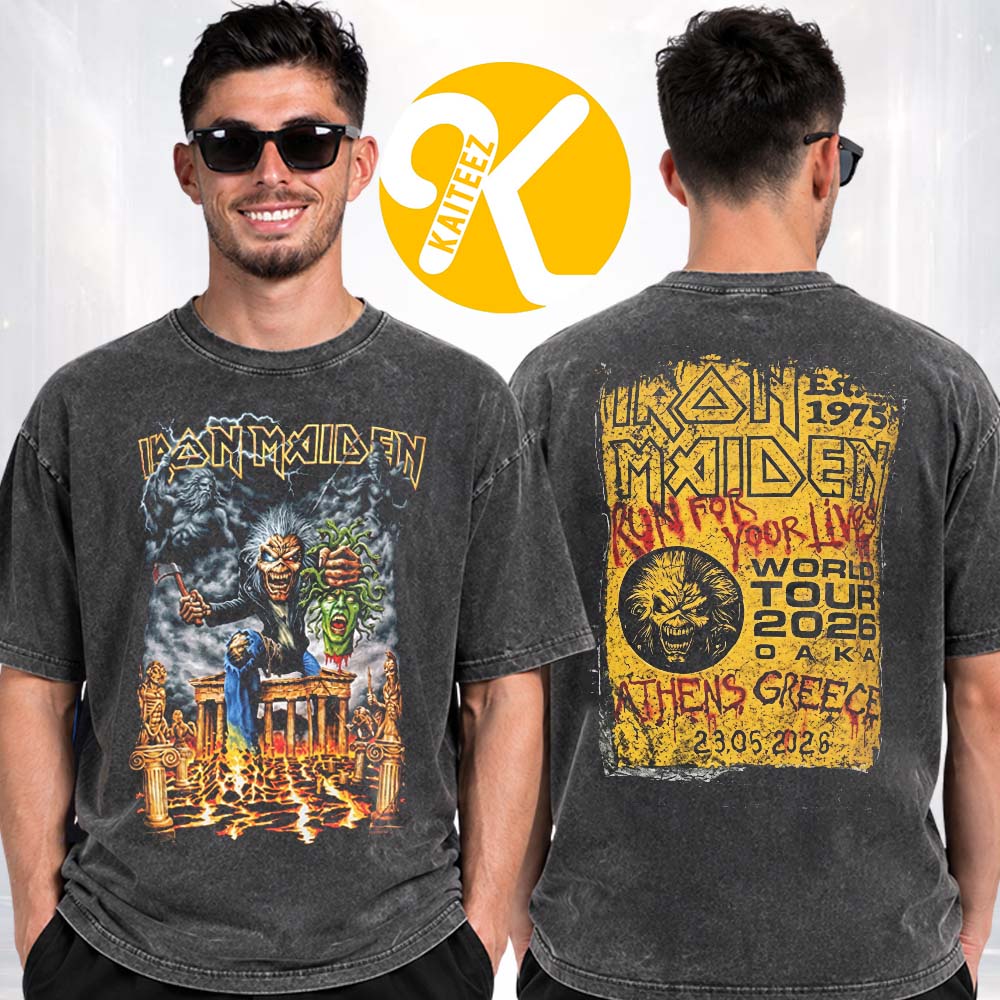 Iron Maiden Athens 2026 Event Shirt Run For Your Lives World Tour 2026 Two Sided Washed T-Shirt Iron Maiden Athens 2026 Event Shirt Run For Your Lives World Tour 2026 Two Sided Washed T-Shirt