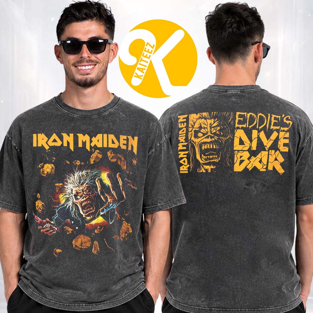 Iron Maiden Merch Eddie Dive Bar Athens Two Sided Washed T-Shirt Iron Maiden Merch Eddie Dive Bar Athens Two Sided Washed T-Shirt