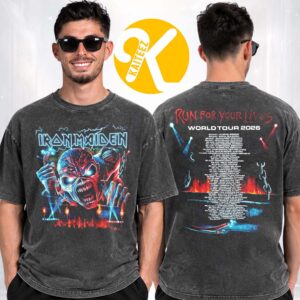 Iron Maiden Run For World Tour 2026 Eddie Cyber Electric Tour Dates Two Sided Washed T-Shirt