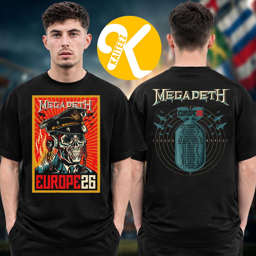 Megadeth Merch Europe Tour 2026 Over Europe Itin Two Sided Unisex T-Shirt Megadeth Merch Europe Tour 2026 Over Europe Itin Two Sided Unisex T-Shirt