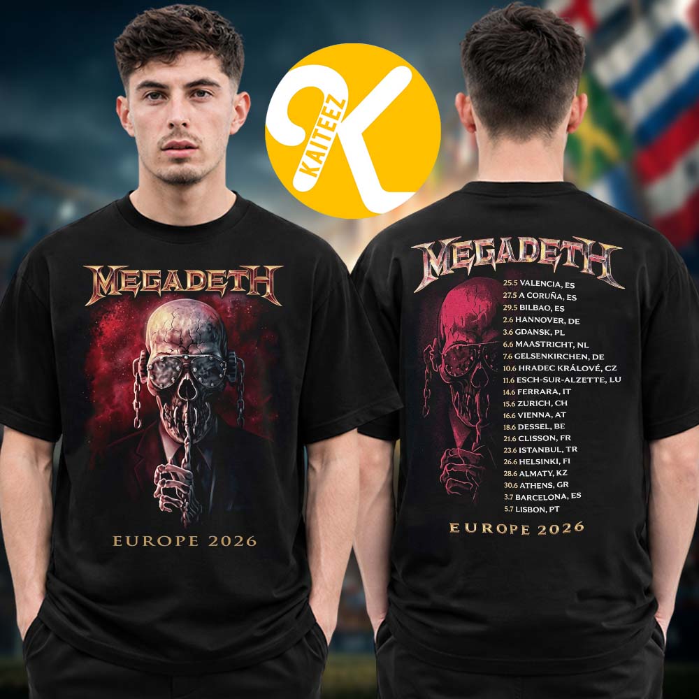 Megadeth Merch Europe Tour 2026 Vic Rattlehead Tour Dates Two Sided Unisex T-Shirt Megadeth Merch Europe Tour 2026 Vic Rattlehead Tour Dates Two Sided Unisex T-Shirt