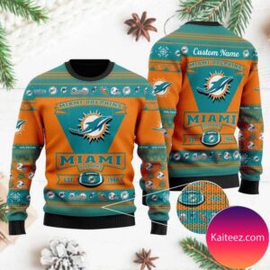 Miami Dolphins Football Team Logo Custom Name Personalized Christmas Ugly Sweater