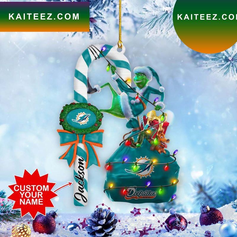 Miami Dolphins NFL Custom Name Grinch Candy Cane Grinch Decorations Outdoor Ornament Miami Dolphins NFL Custom Name Grinch Candy Cane Grinch Decorations Outdoor Ornament