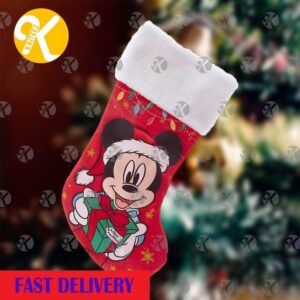 Mickey Mouse Santa Holding Presents In Red Background Christmas Stocking