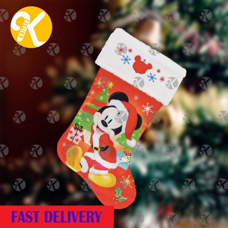 Mickey Mouse Santa With Present In Red Background Christmas Stocking Mickey Mouse Santa With Present In Red Background Christmas Stocking