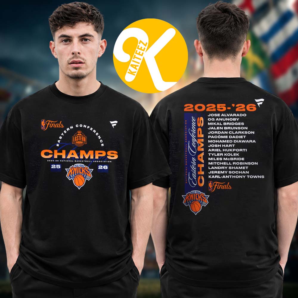 New York Knicks Finals Merch Fanatics 2026 NBA Eastern Conference Champions Roster Two Sided Unisex T-Shirt New York Knicks Finals Merch Fanatics 2026 NBA Eastern Conference Champions Roster Two Sided Unisex T-Shirt