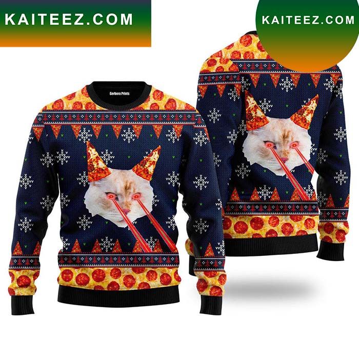 Pizza Cat With Laser Eyes Fire Ugly Christmas Sweater Pizza Cat With Laser Eyes Fire Ugly Christmas Sweater