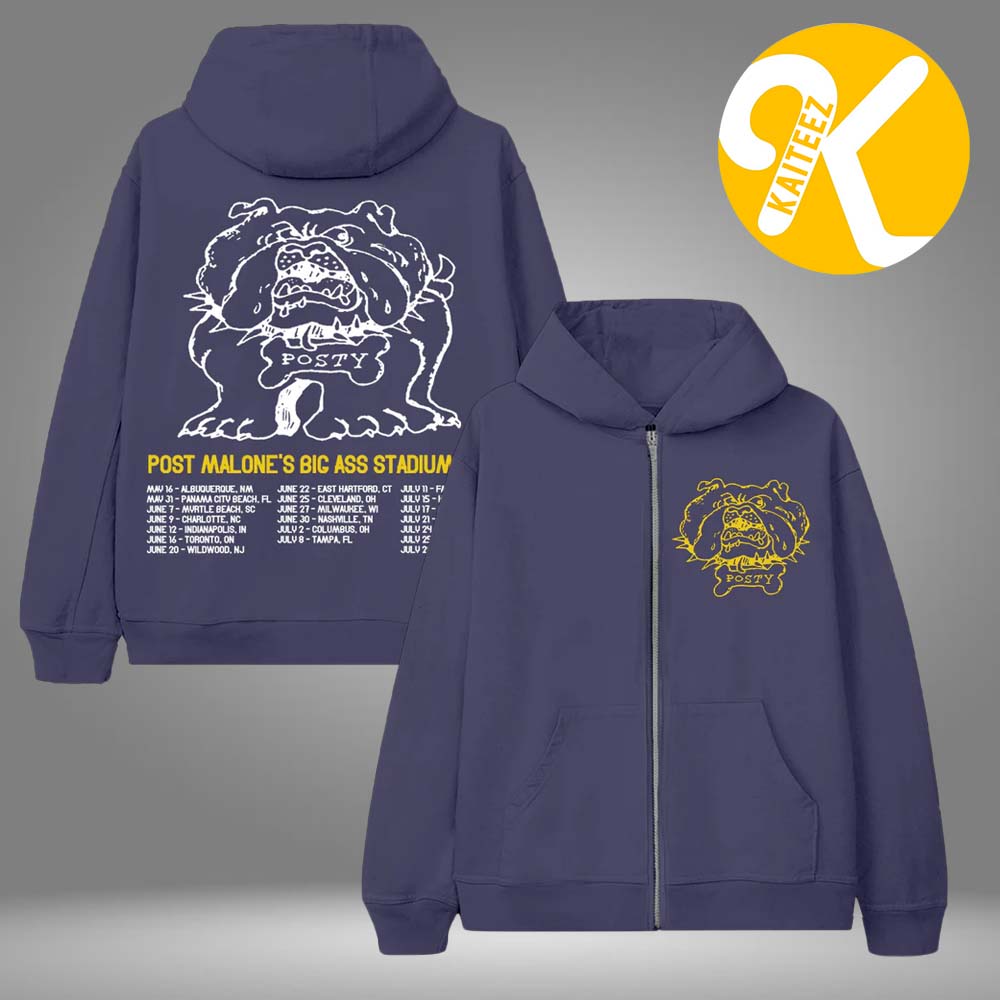 Post Malone Merch The Big Ass Stadium Tour 2026 Posty Bulldog Zip Hoodie Post Malone Merch The Big Ass Stadium Tour 2026 Posty Bulldog Zip Hoodie