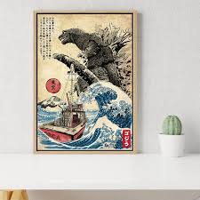 Traditional Japanese Godzilla Kanagawa Wave Wall Art Home Decor Poster Canvas