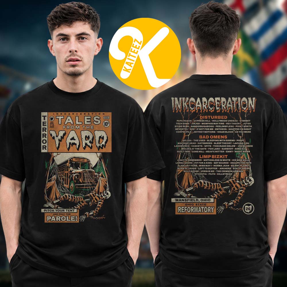 Inkcarceration Festival 2026 Merch In Mansfield OH On July 17 – 19 2026 Terror Tales Lineup Two Sided Unisex T-Shirt Inkcarceration Festival 2026 Merch In Mansfield OH On July 17 – 19 2026 Terror Tales Lineup Two Sided Unisex T-Shirt