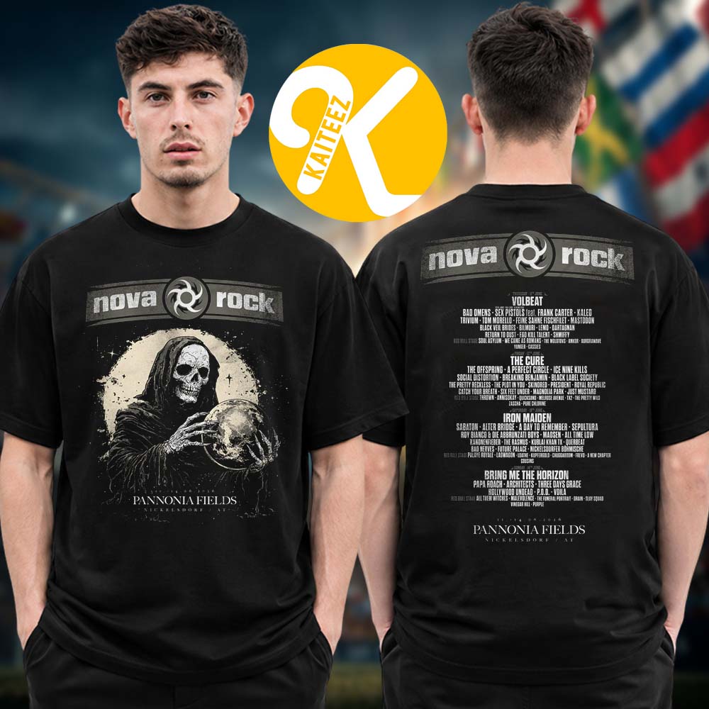Nova Rock Festival 2026 Merch At Pannonia Fields II In Nickelsdorf AT On June 11-14 2026 Grim Reaper Line Up Two Sided Unisex T-Shirt Nova Rock Festival 2026 Merch At Pannonia Fields II In Nickelsdorf AT On June 11-14 2026 Grim Reaper Line Up Two Sided Unisex T-Shirt