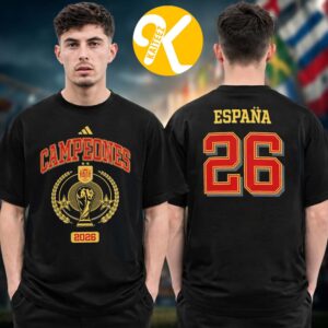 Campeones Espana Spain National Team 2026 FIFA World Cup Champions Trophy Black Two Sided Unisex T Shirt