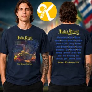Judas Priest Merch Faithkeepers European UK Summer Tour 2026 Sad Wings Of Destiny Itin Navy Two Sided Unisex T-Shirt