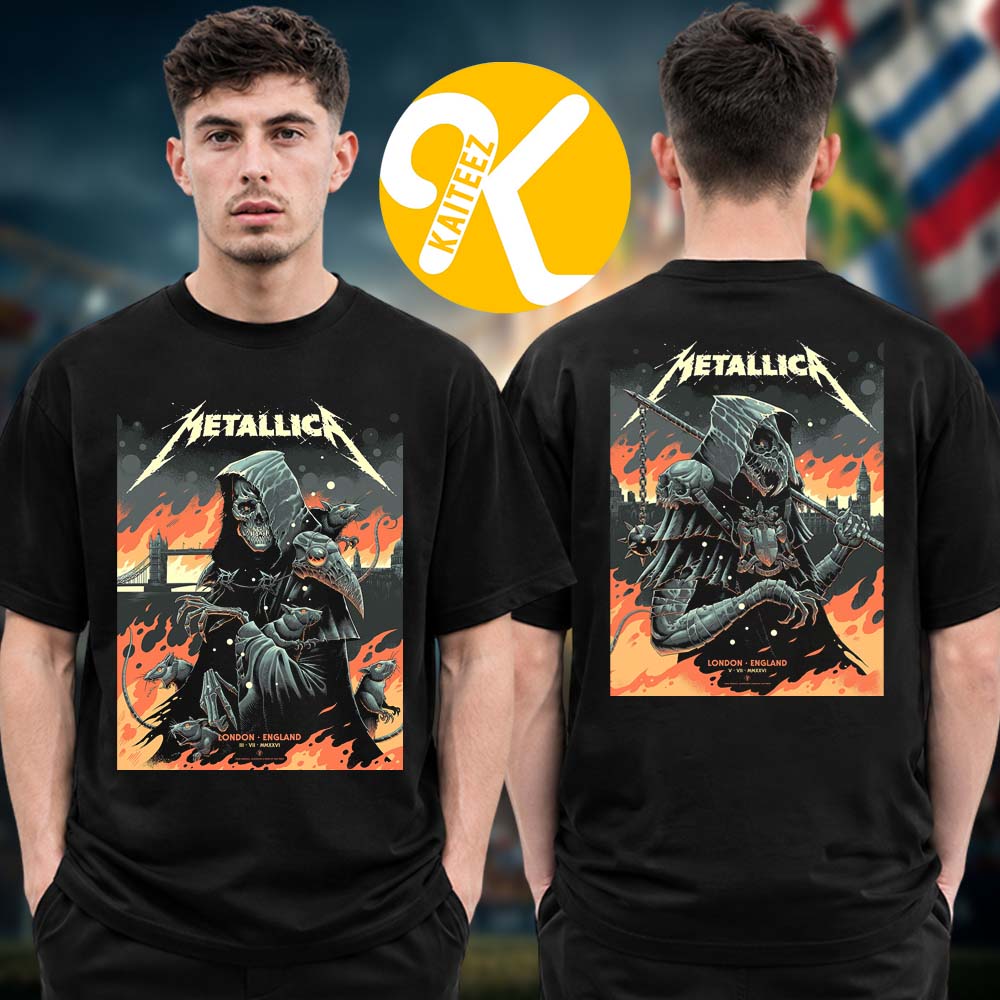 Metallica M72 London Exclusive Poster Night 1 And 2 At London Stadium In London UK On July 3 5 2026 Two Sided Unisex T-Shirt Metallica M72 London Exclusive Poster Night 1 And 2 At London Stadium In London UK On July 3 5 2026 Two Sided Unisex T-Shirt