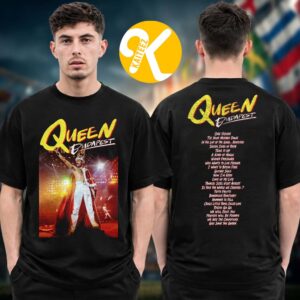 Queen Merch Budapest 40th Anniversary Track List Two Sided Unisex T-Shirt
