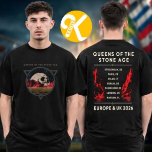 Queens Of The Stone Age QOTSA Merch Europe And UK Tour 2026 Planet Skull Tour Dates Two Sided Unisex T-Shirt