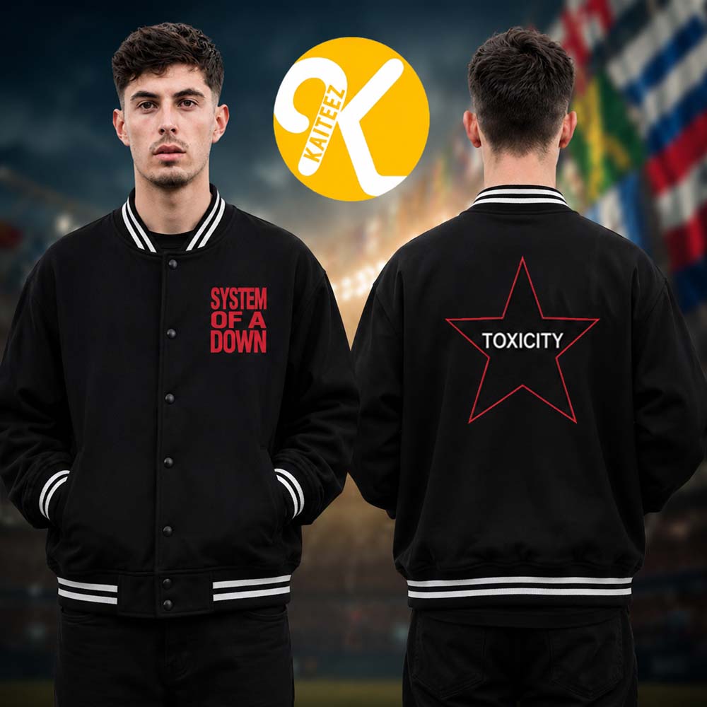 System Of A Down SOAD Merch EU And UK Tour 2026 Toxic City Baseball Jacket System Of A Down SOAD Merch EU And UK Tour 2026 Toxic City Baseball Jacket