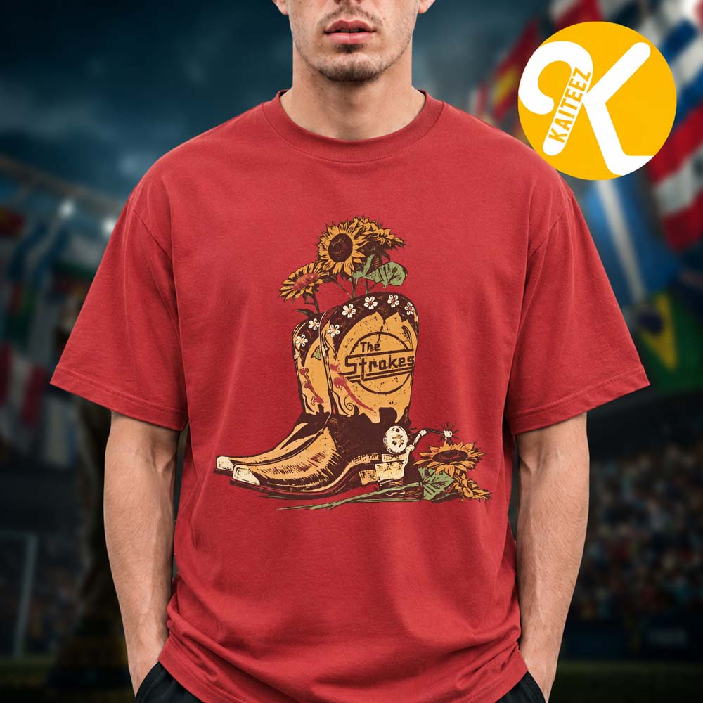 The Strokes Merch Reality Awaits Tour 2026 Cowboy Boots With Sunflowers Unisex T-Shirt The Strokes Merch Reality Awaits Tour 2026 Cowboy Boots With Sunflowers Unisex T-Shirt