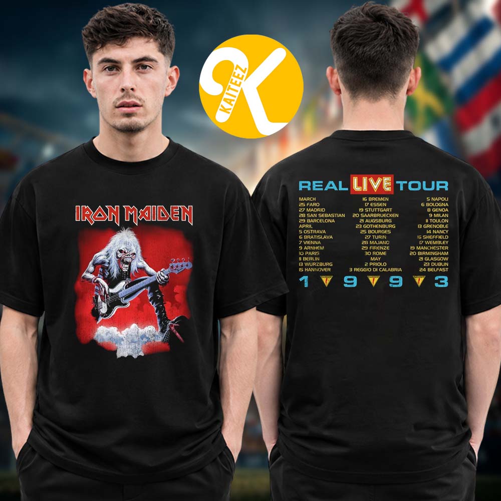 Iron Maiden Merch IM50 A Real Live Tour 1993 Tour Dates Two Sided Unisex T-Shirt Iron Maiden Merch IM50 A Real Live Tour 1993 Tour Dates Two Sided Unisex T-Shirt