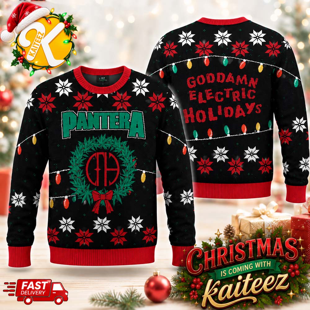 Pantera Goddamn Electric Holidays Snowflakes And Christmas Lights Ugly Sweater Pantera Goddamn Electric Holidays Snowflakes And Christmas Lights Ugly Sweater