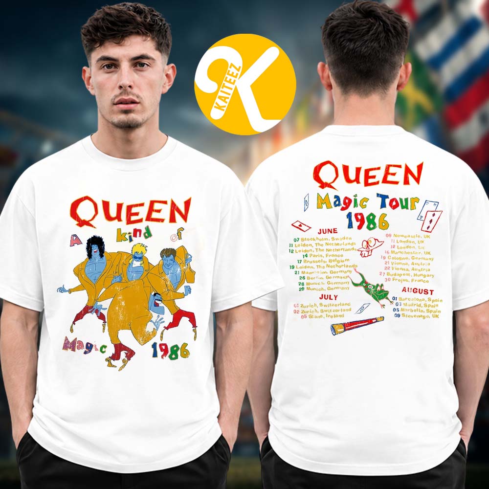 Queen Merch A Kind Of Magic Vintage White Tour Two Sided Unisex T-Shirt Queen Merch A Kind Of Magic Vintage White Tour Two Sided Unisex T-Shirt