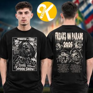 Rob Zombie Merch Freaks On Parade Tour 2026 Master Of Terror Tour Dates Two Sided Unisex T-Shirt