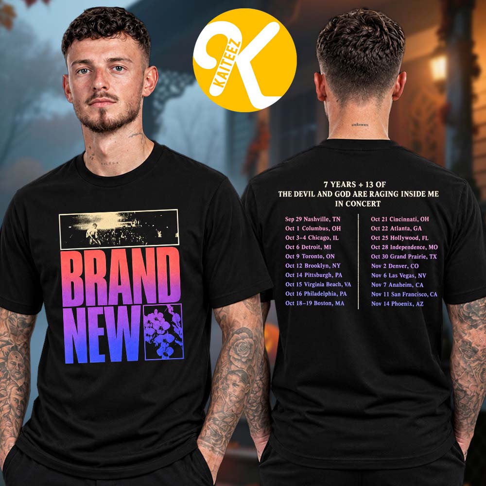 Brand New Merch 7 Years + 13 of The Devil And God Are Raging Inside Me 2026 North American Tour Dates Two Sided Unisex T-Shirt Brand New Merch 7 Years + 13 of The Devil And God Are Raging Inside Me 2026 North American Tour Dates Two Sided Unisex T-Shirt