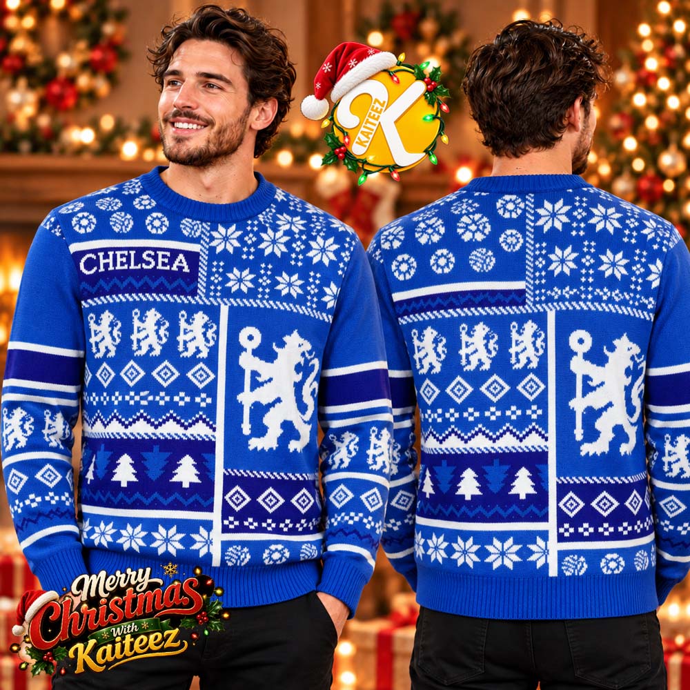 Chelsea FC Fairisle Blue Block Christmas Jumper Ugly Sweater Chelsea FC Fairisle Blue Block Christmas Jumper Ugly Sweater