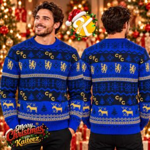 Chelsea FC Fairisle Gold Reindeer Christmas Jumper Ugly Sweater