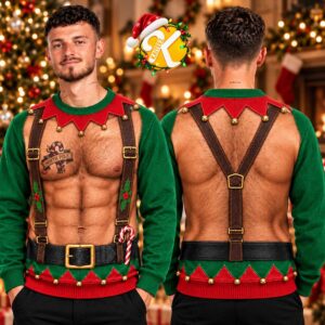 Funny Muscle 3D Fake Abs Elf Ugly Sweater