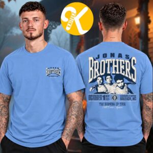 Jonas Brothers Merch Burning Up All Over Again Raleigh NC City Blue Two Sided Unisex T-Shirt