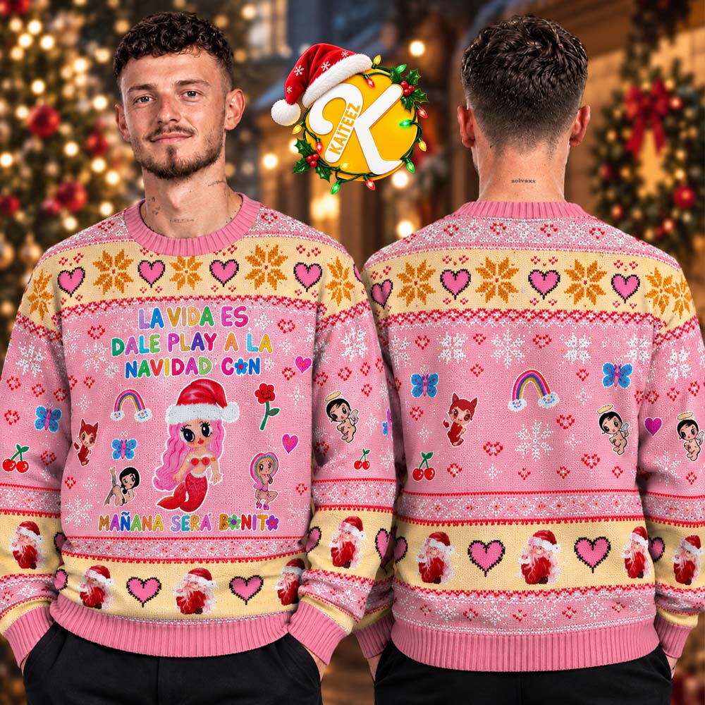 Karol G Dale Play A La Navidad Can Manana Sera Bonito Ugly Christmas Sweater Karol G Dale Play A La Navidad Can Manana Sera Bonito Ugly Christmas Sweater