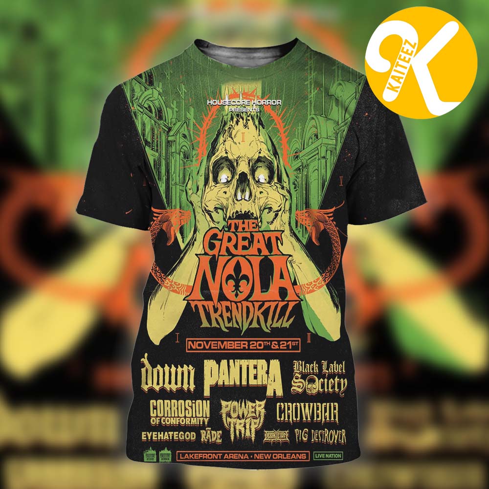 Pantera The Great NOLA Trendkill Festival At Lakefront Arena In New Orleans LA On November 20 21 2026 Line Up All Over Print Shirt Pantera The Great NOLA Trendkill Festival At Lakefront Arena In New Orleans LA On November 20 21 2026 Line Up All Over Print Shirt