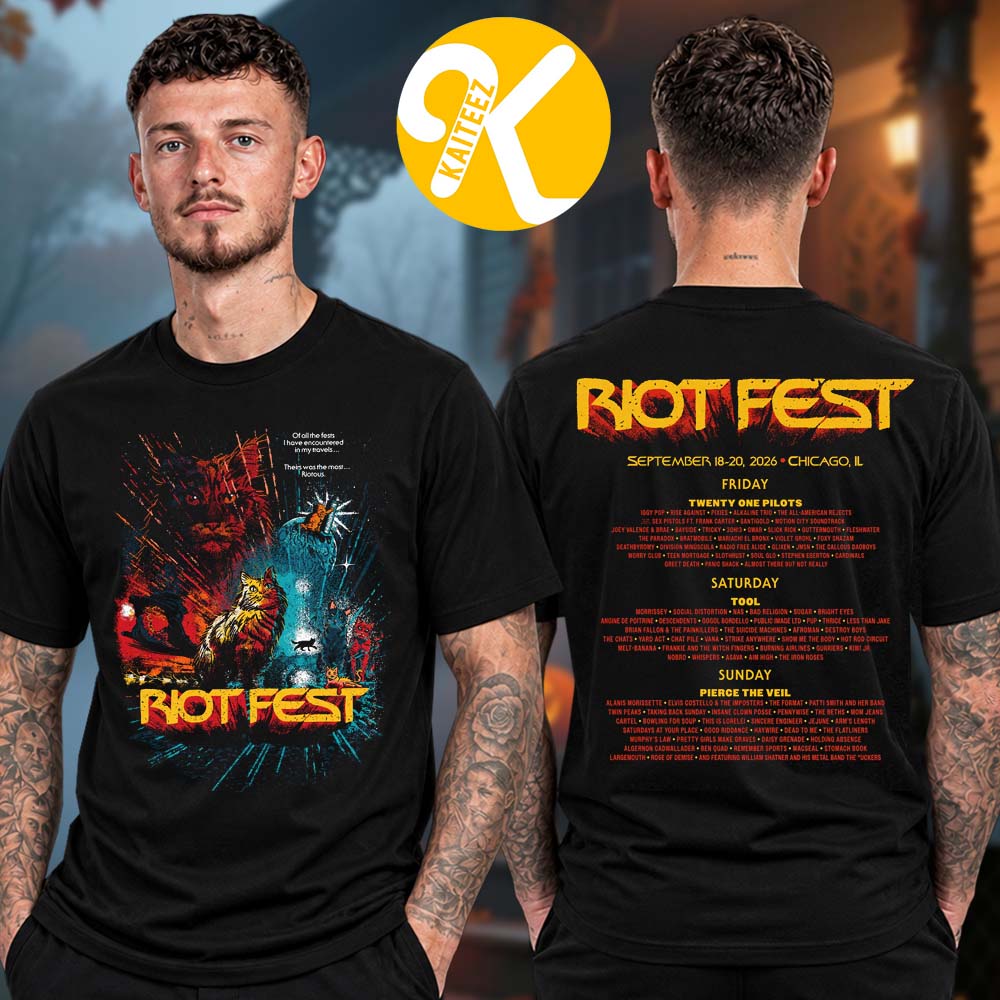 Riot Fest 2026 Merch In Chicago IL On September 18-20 2026 Wrath Of Cats Lineup Two Sided Unisex T-Shirt Riot Fest 2026 Merch In Chicago IL On September 18-20 2026 Wrath Of Cats Lineup Two Sided Unisex T-Shirt