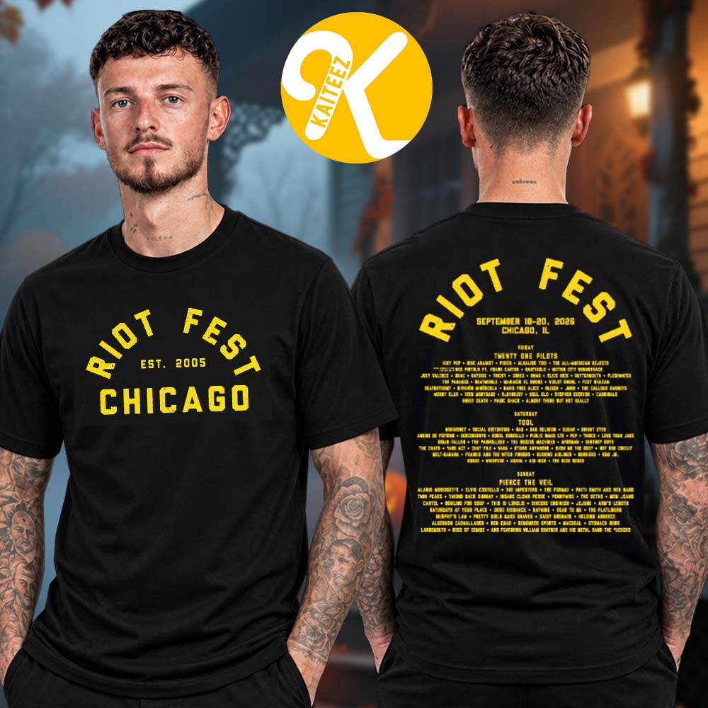 Riot Fest 2026 Merch In Chicago IL On September 18-20 2026 Yellow Text Lineup Two Sided Unisex T-Shirt Riot Fest 2026 Merch In Chicago IL On September 18-20 2026 Yellow Text Lineup Two Sided Unisex T-Shirt