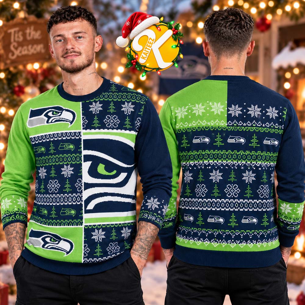 Seattle Seahawks NFL Busy Block Snowfall Ugly Christmas Sweater Seattle Seahawks NFL Busy Block Snowfall Ugly Christmas Sweater