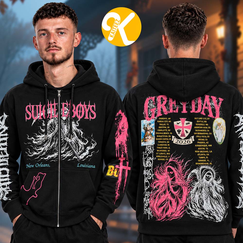 $uicideboy$ Merch Greyday 2026 North America Tour Dates Reaper Black Zip Up Hoodie $uicideboy$ Merch Greyday 2026 North America Tour Dates Reaper Black Zip Up Hoodie