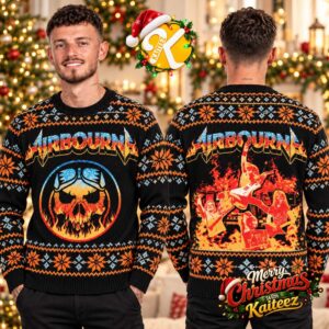 Airbourne Flaming Aviator Skull And Band Collage Black Ugly Christmas Sweater